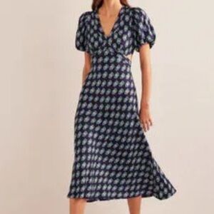 NEW Boden Blue Green Floral Midi Tea Dress with Cut Outs Womens 2P